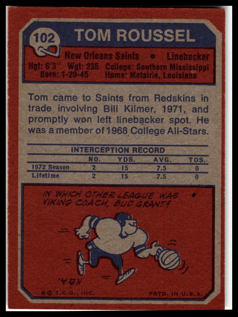 1973 Topps #102 Tom Roussel Excellent