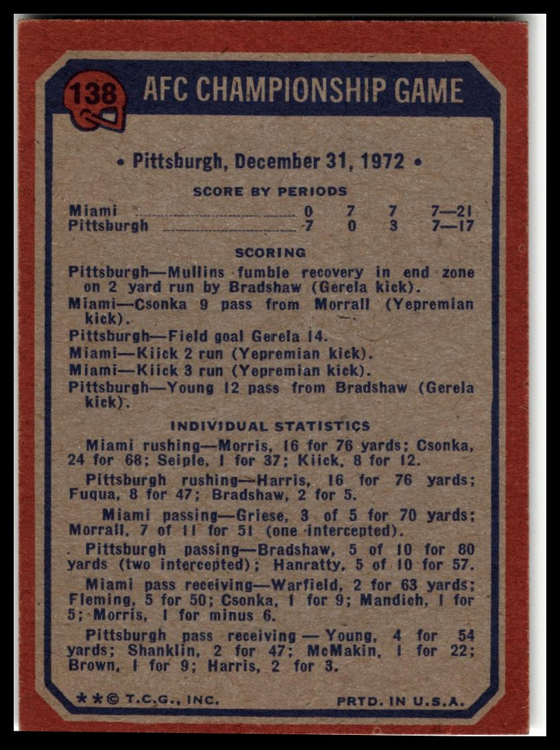 1973 Topps #138 1972 AFC Championship Game Excellent