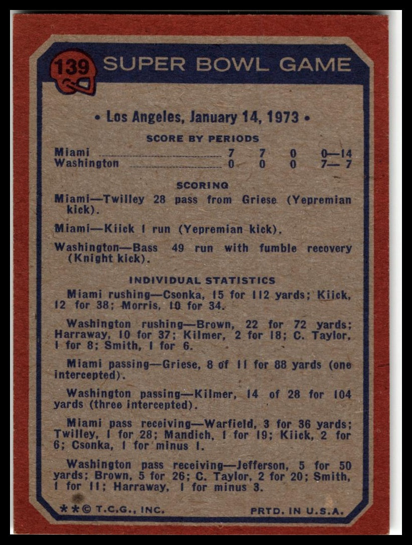 1973 Topps #139 Super Bowl VII Excellent
