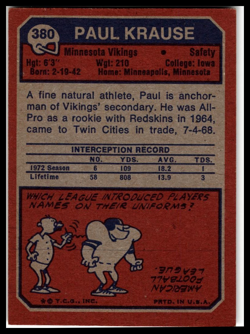 1973 Topps #380 Paul Krause Excellent