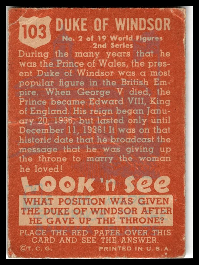 1952 Topps Look 'n See (R714-16) #103 Duke of Windsor Poor