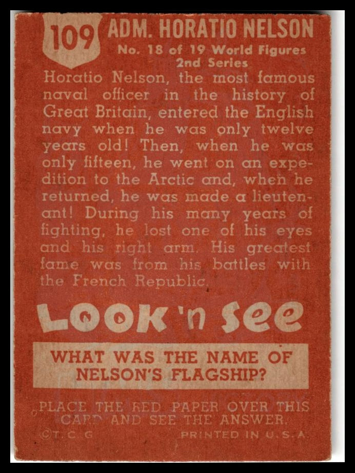 1952 Topps Look 'n See (R714-16) #109 Admiral Horatio Nelson Very Good
