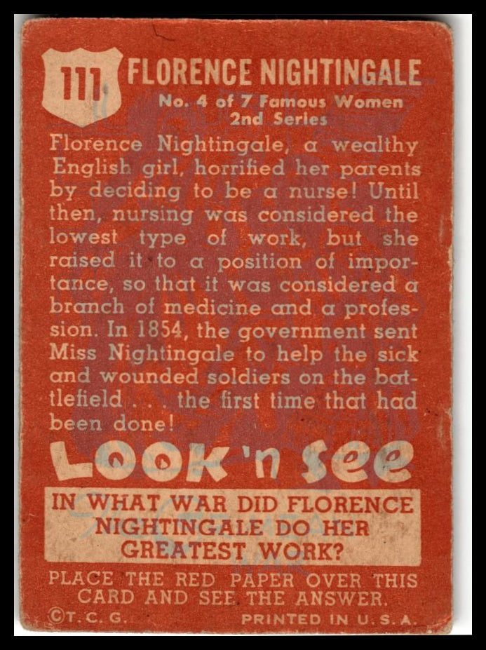 1952 Topps Look 'n See (R714-16) #111 Florence Nightingale Very Good