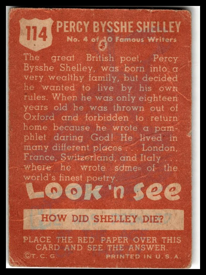 1952 Topps Look 'n See (R714-16) #114 Percy Bysshe Shelley Very Good