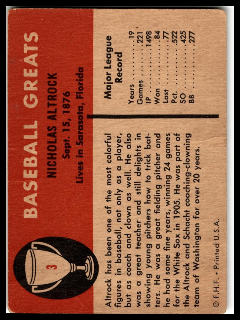 1961 Fleer Baseball Greats (F418-3) #3 Nick Altrock Very Good