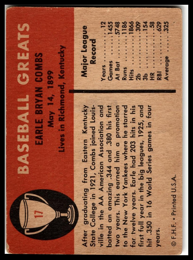 1961 Fleer Baseball Greats (F418-3) #17 Earle Combs Very Good