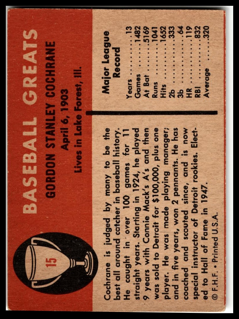 1961 Fleer Baseball Greats (F418-3) #15 Mickey Cochrane Very Good