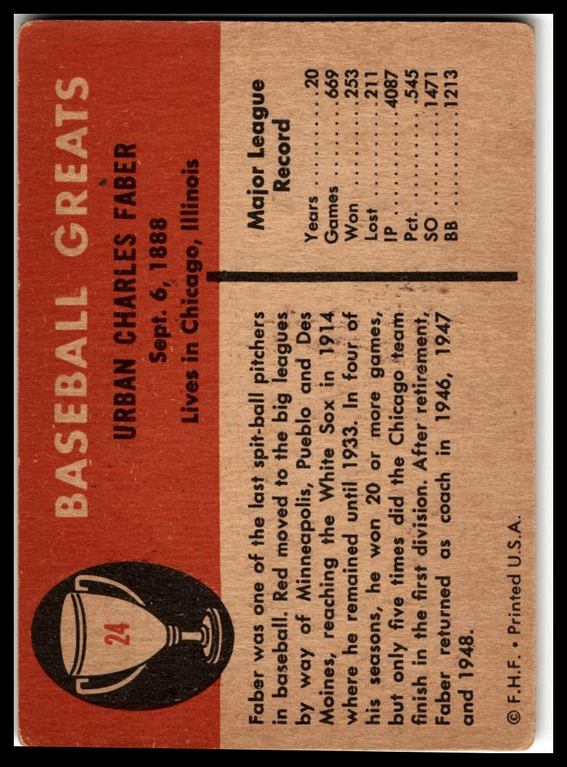 1961 Fleer Baseball Greats (F418-3) #24 Red Faber Very Good