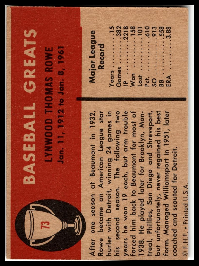 1961 Fleer Baseball Greats (F418-3) #73 Schoolboy Rowe Very Good