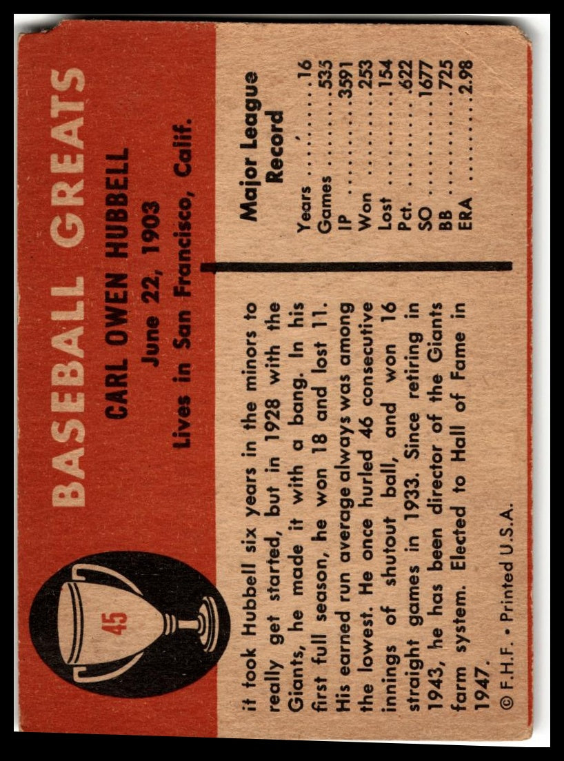 1961 Fleer Baseball Greats (F418-3) #45 Carl Hubbell Very Good