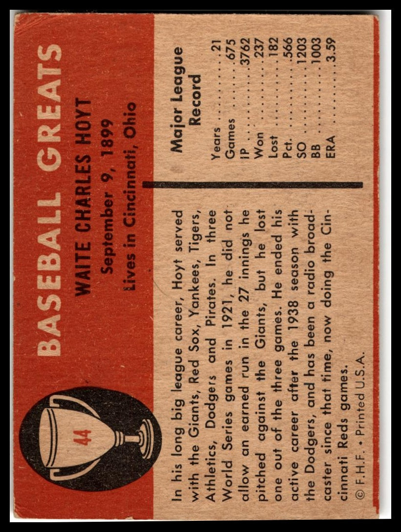 1961 Fleer Baseball Greats (F418-3) #44 Waite Hoyt Very Good