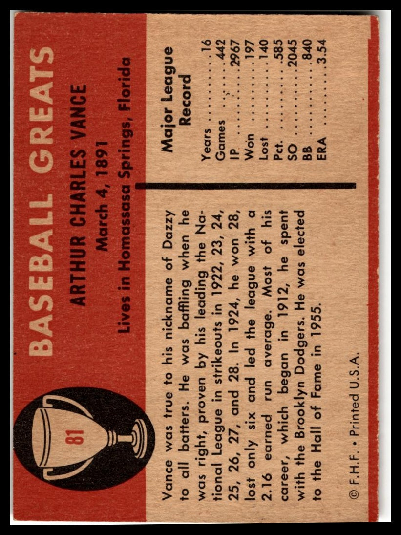 1961 Fleer Baseball Greats (F418-3) #81 Dazzy Vance Very Good