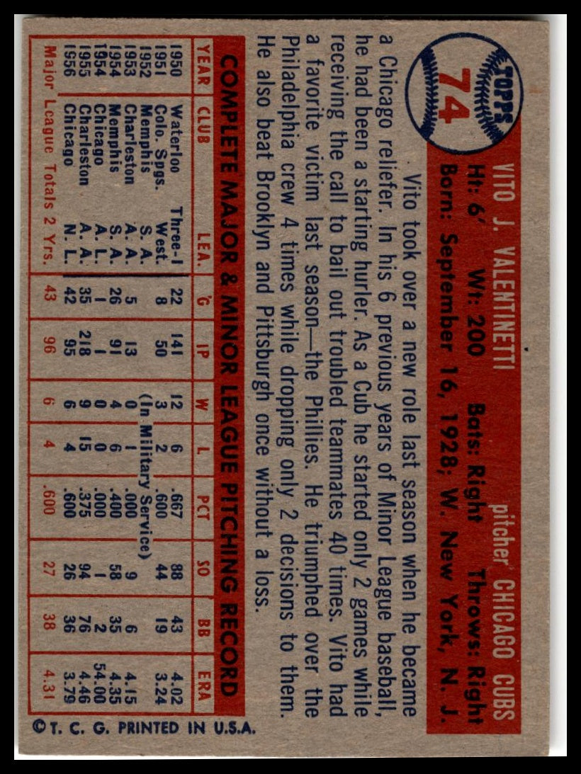 1957 Topps #74 Vito Valentinetti Very Good