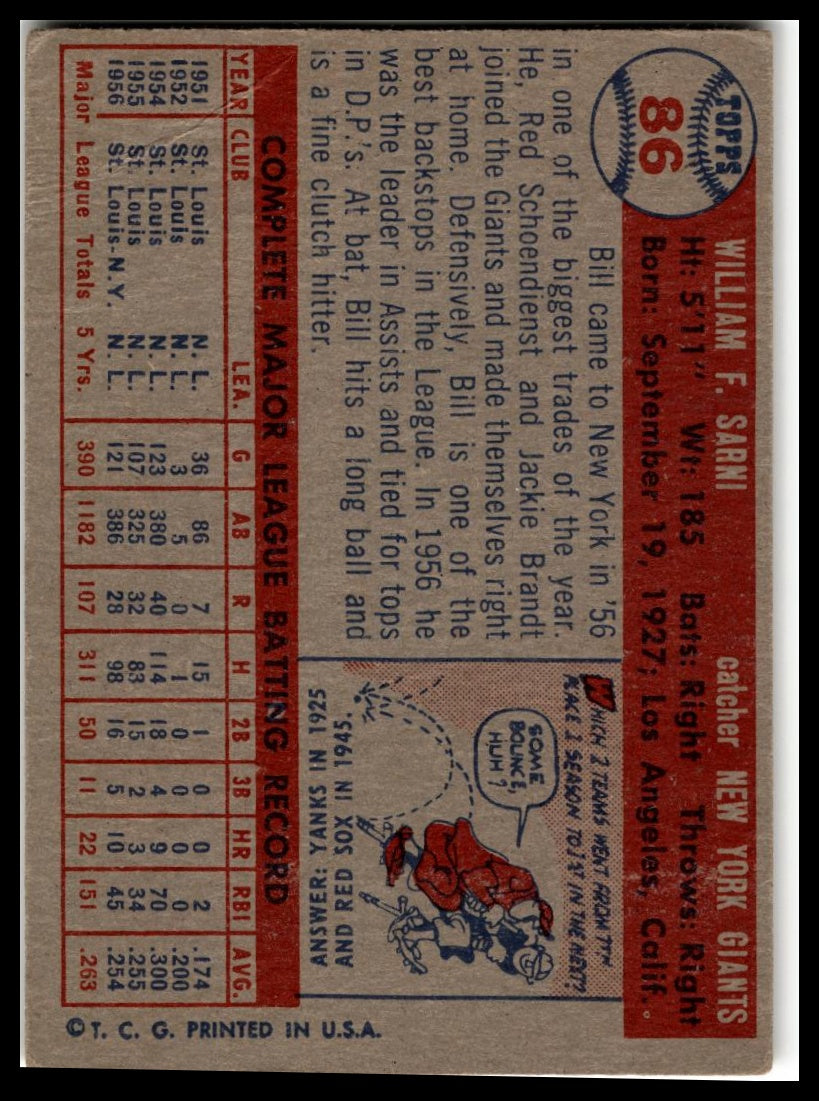 1957 Topps #86 Bill Sarni Very Good