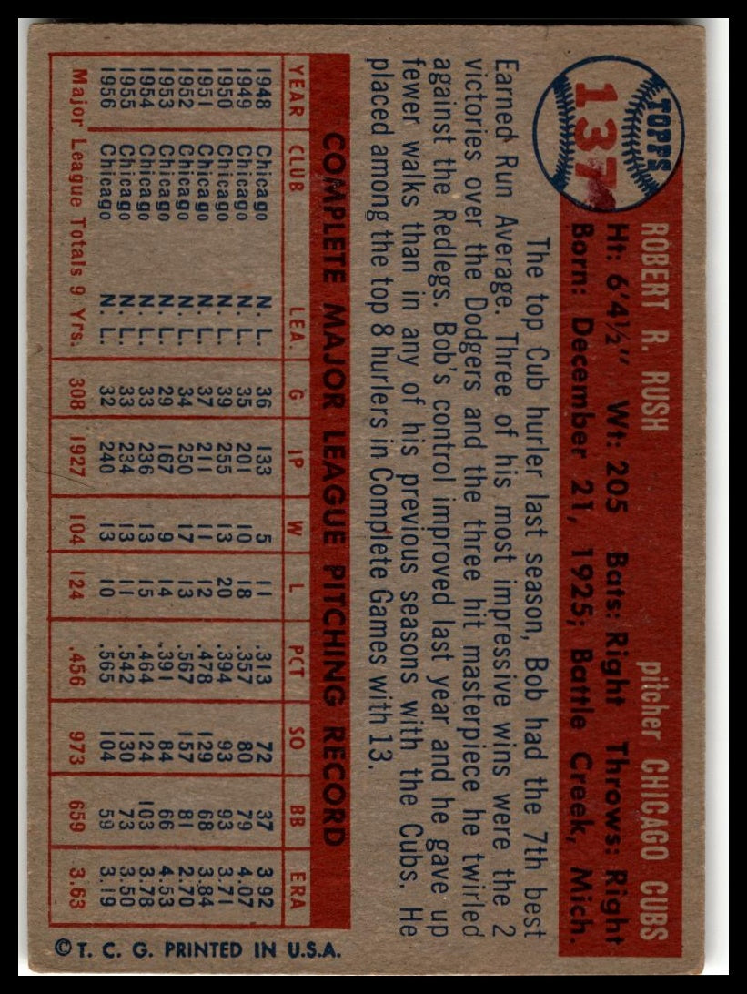 1957 Topps #137 Bob Rush Very Good