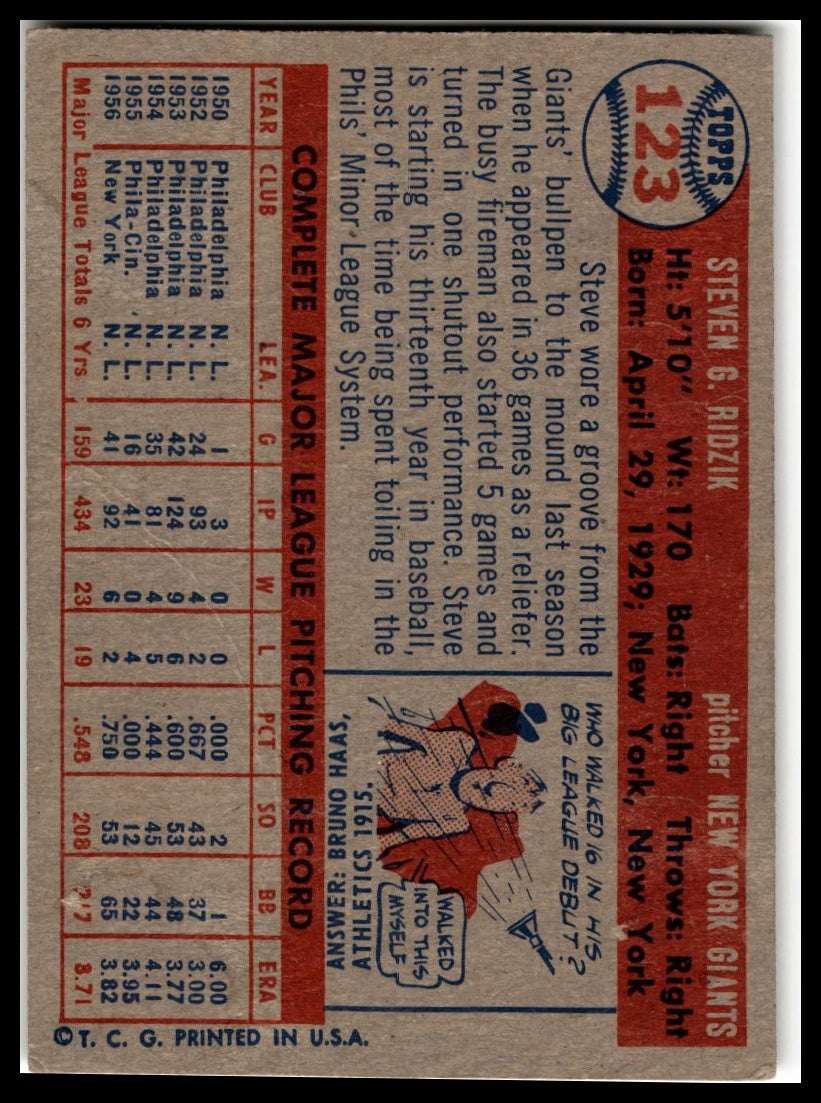 1957 Topps #123 Steve Ridzik Very Good