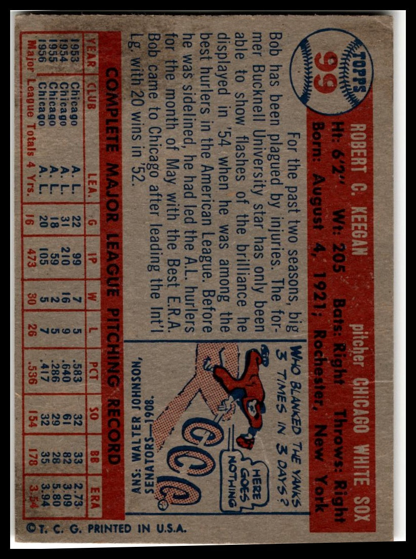 1957 Topps #99 Bob Keegan Very Good