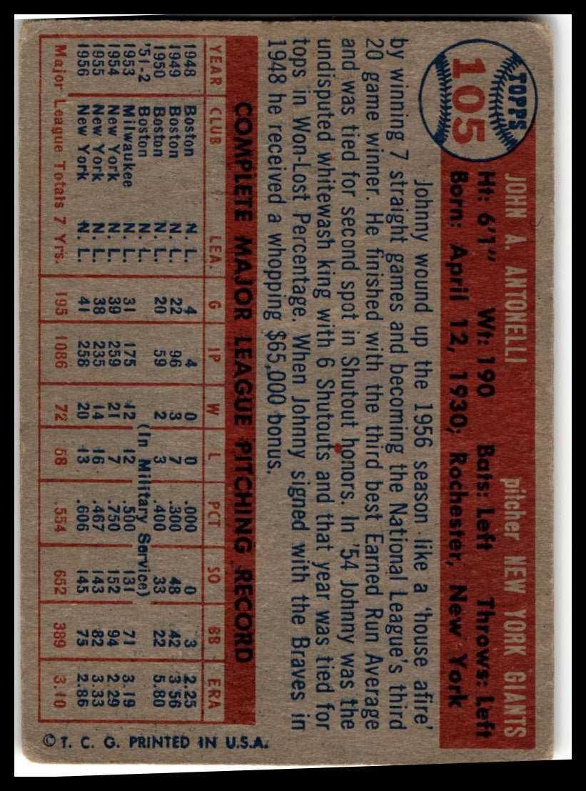 1957 Topps #105 Johnny Antonelli Very Good