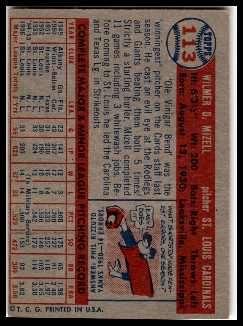1957 Topps #113 Wilmer Mizell Very Good