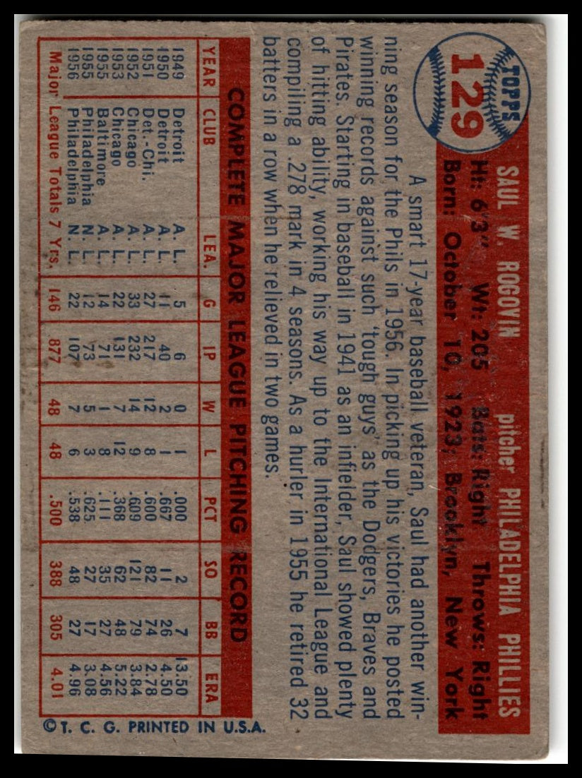 1957 Topps #129 Saul Rogovin Very Good