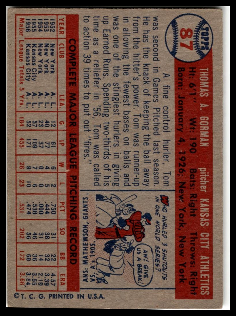 1957 Topps #87 Tom Gorman Very Good