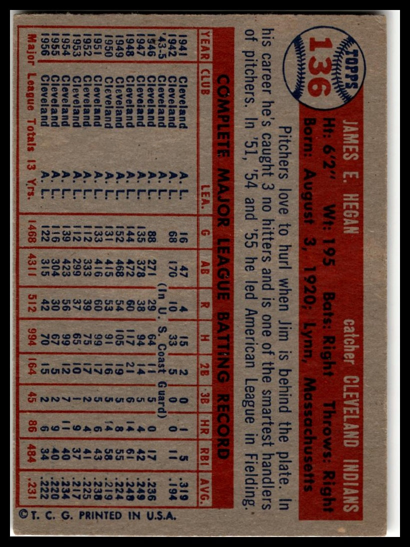 1957 Topps #136 Jim Hegan Very Good