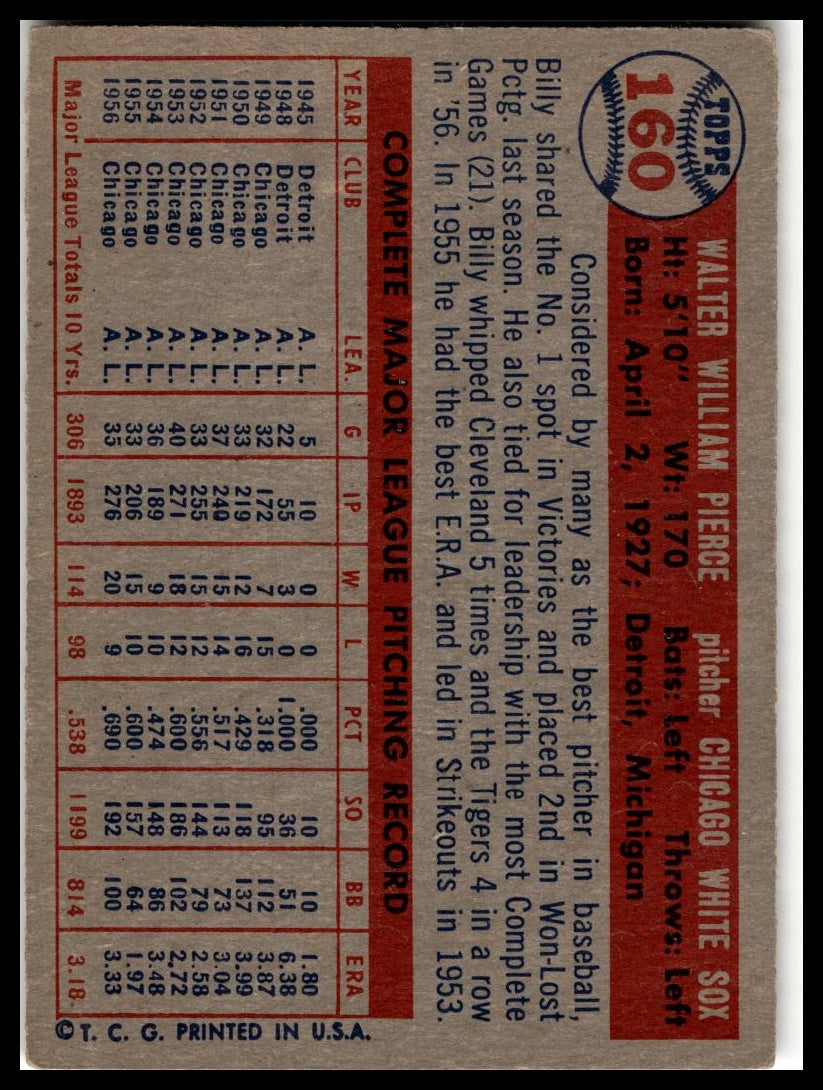 1957 Topps #160 Billy Pierce Very Good