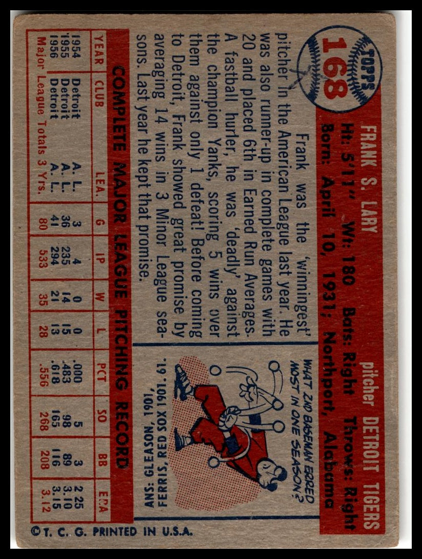 1957 Topps #168 Frank Lary Very Good