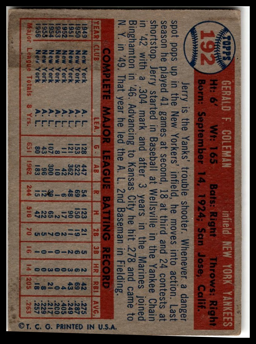 1957 Topps #192 Jerry Coleman Very Good