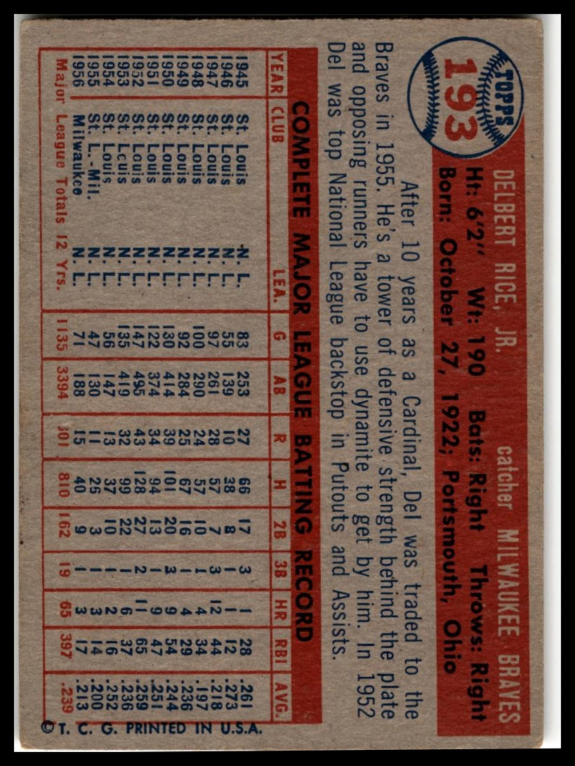 1957 Topps #193 Del Rice Very Good