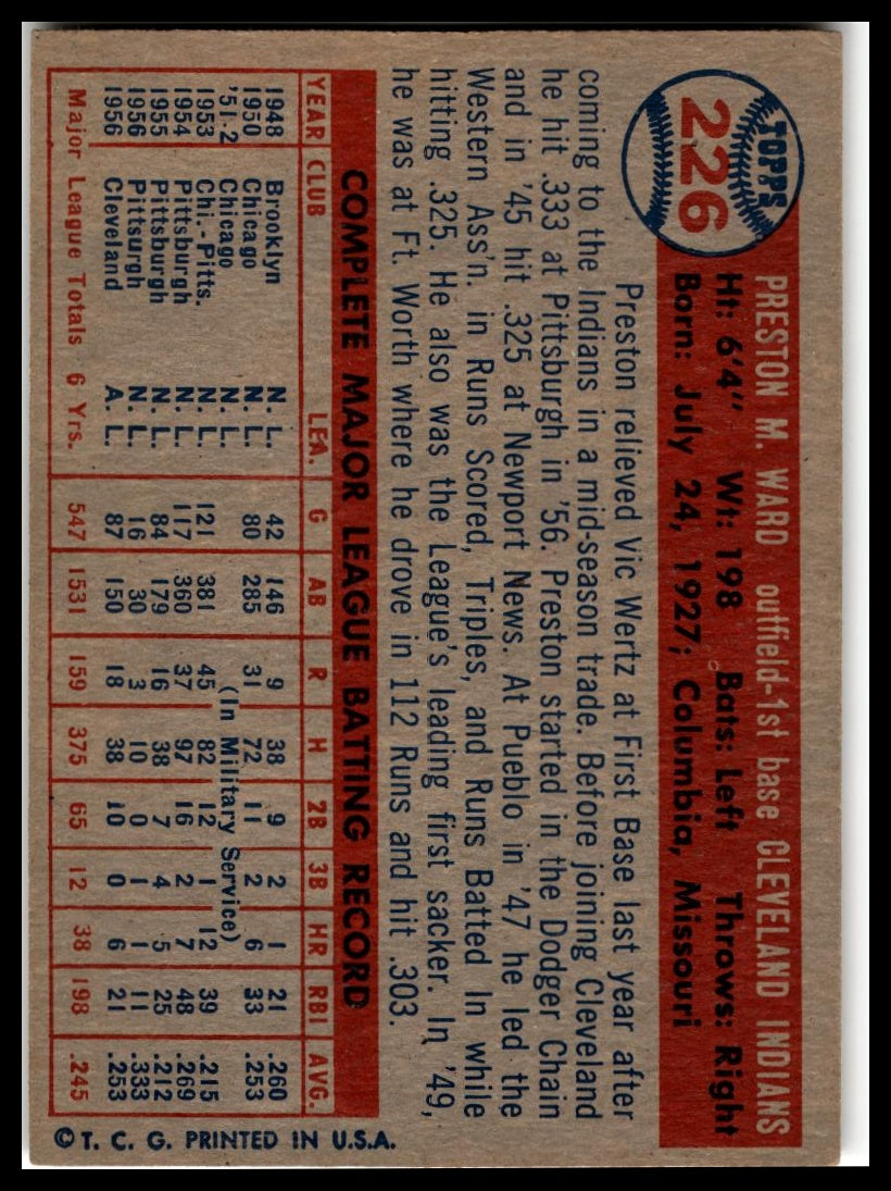 1957 Topps #226 Preston Ward Very Good