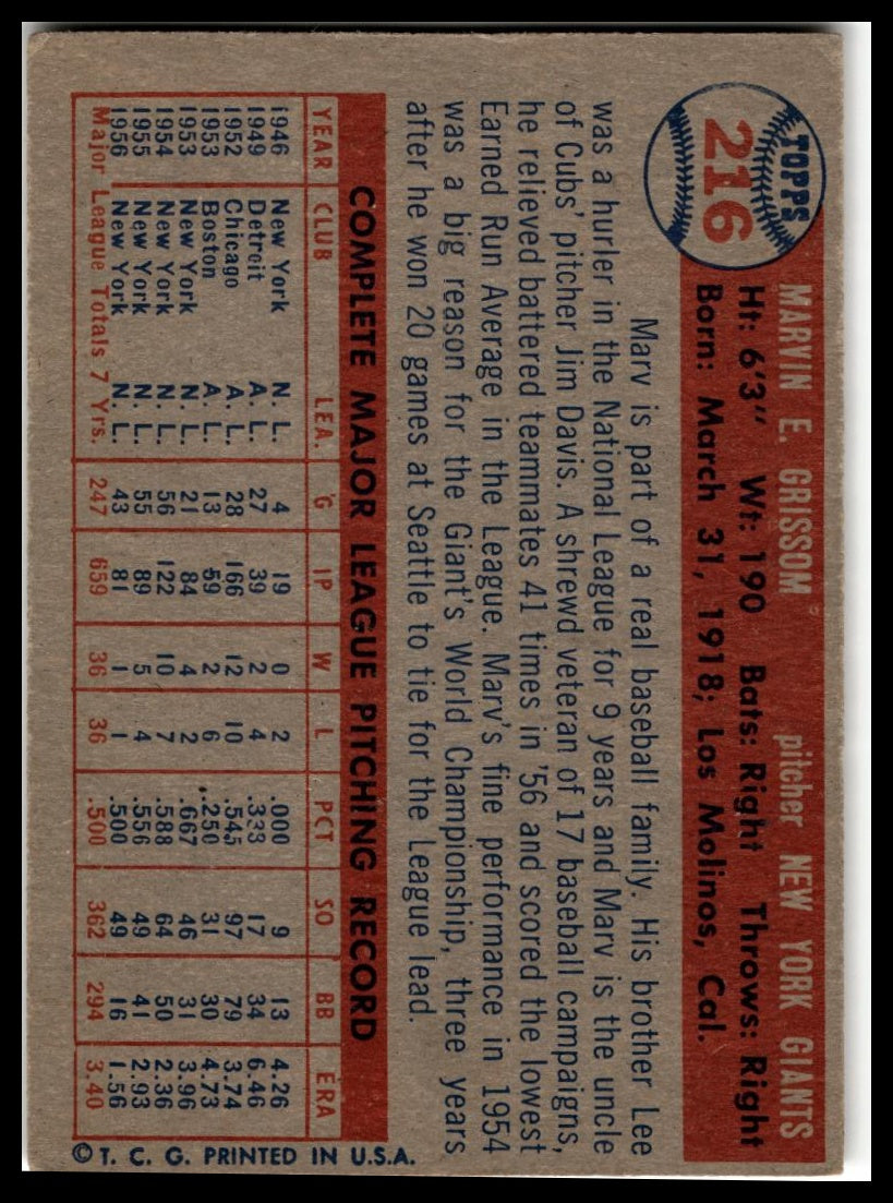 1957 Topps #216 Marv Grissom Very Good