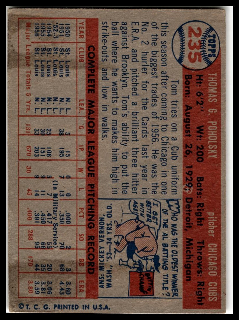1957 Topps #235 Tom Poholsky Very Good