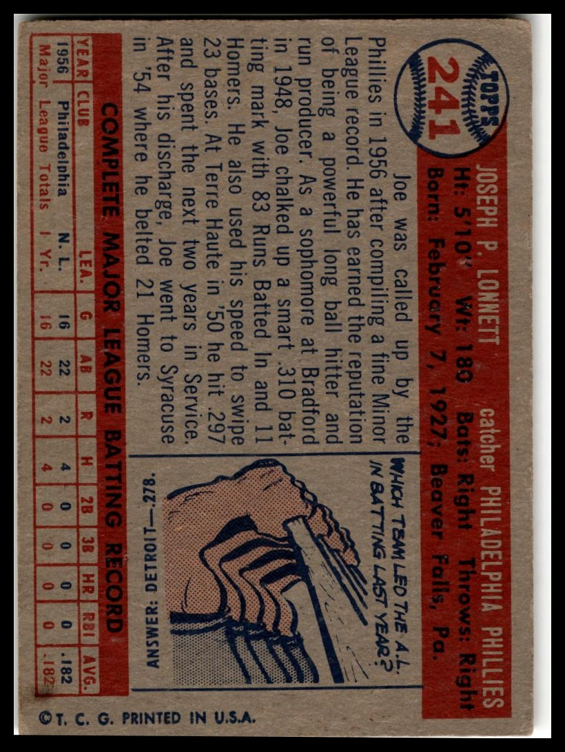 1957 Topps #241 Joe Lonnett Very Good