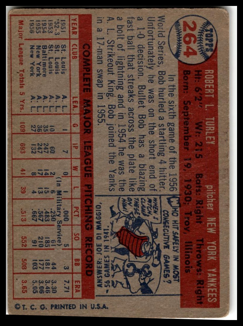 1957 Topps #264 Bob Turley Very Good