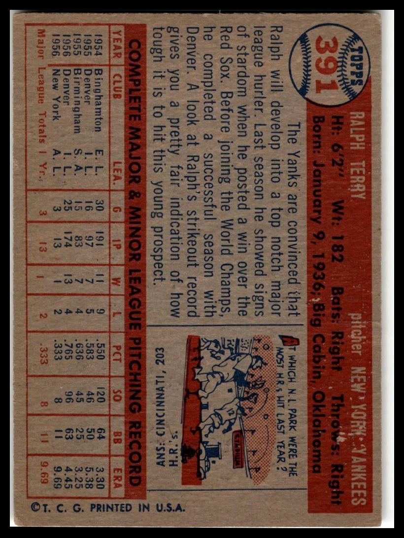 1957 Topps #391 Ralph Terry Very Good