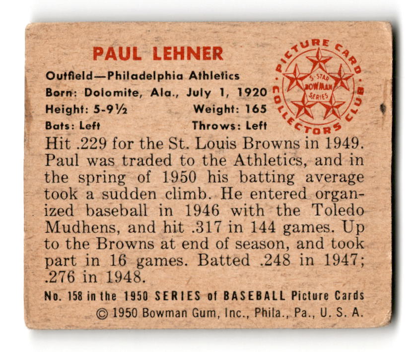 1950 Bowman #158 Paul Lehner - Philadelphia Athletics VG