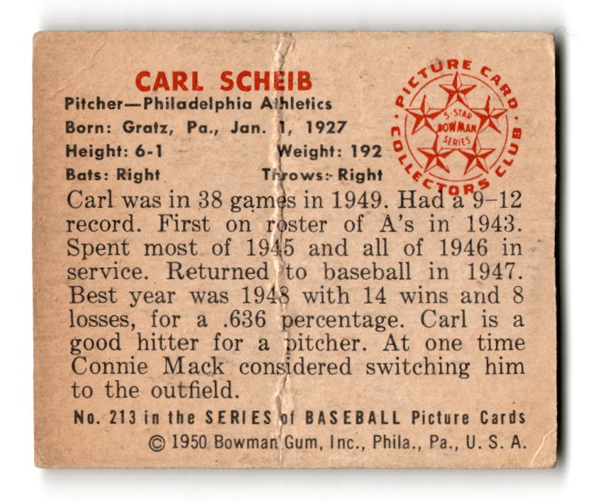 1950 Bowman #213 Carl Scheib - Philadelphia Athletics F/G