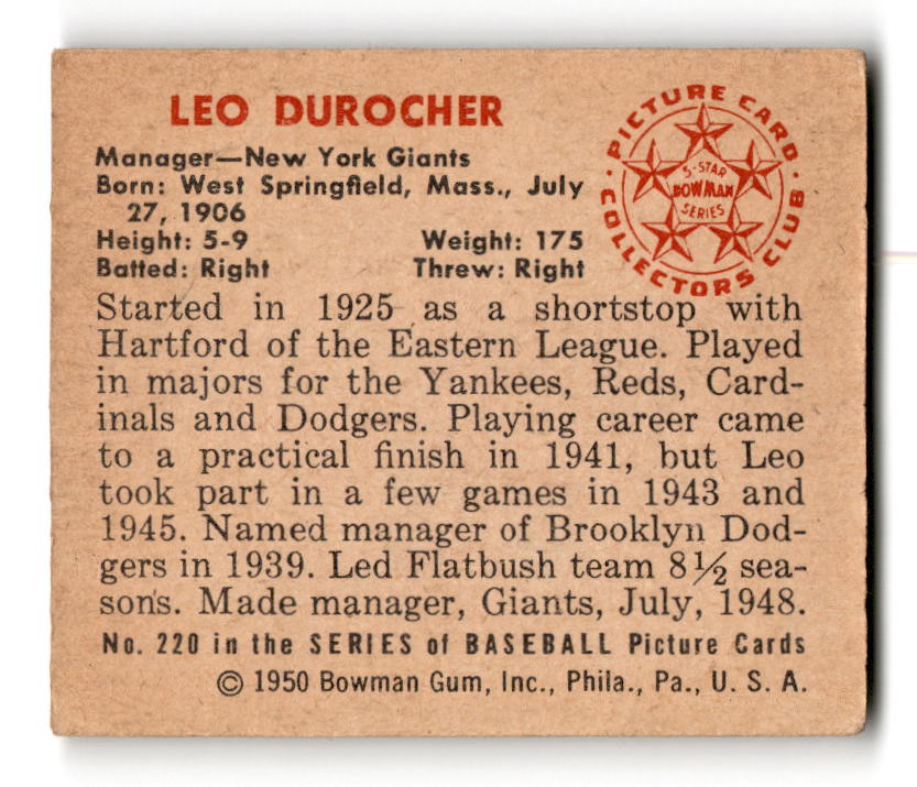 1950 Bowman #220 Leo Durocher - New York Giants VG