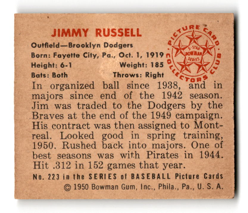 1950 Bowman #223 Jim Russell - Brooklyn Dodgers VG