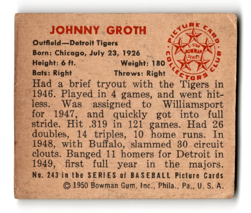 1950 Bowman #243 Johnny Groth - Detroit Tigers VG