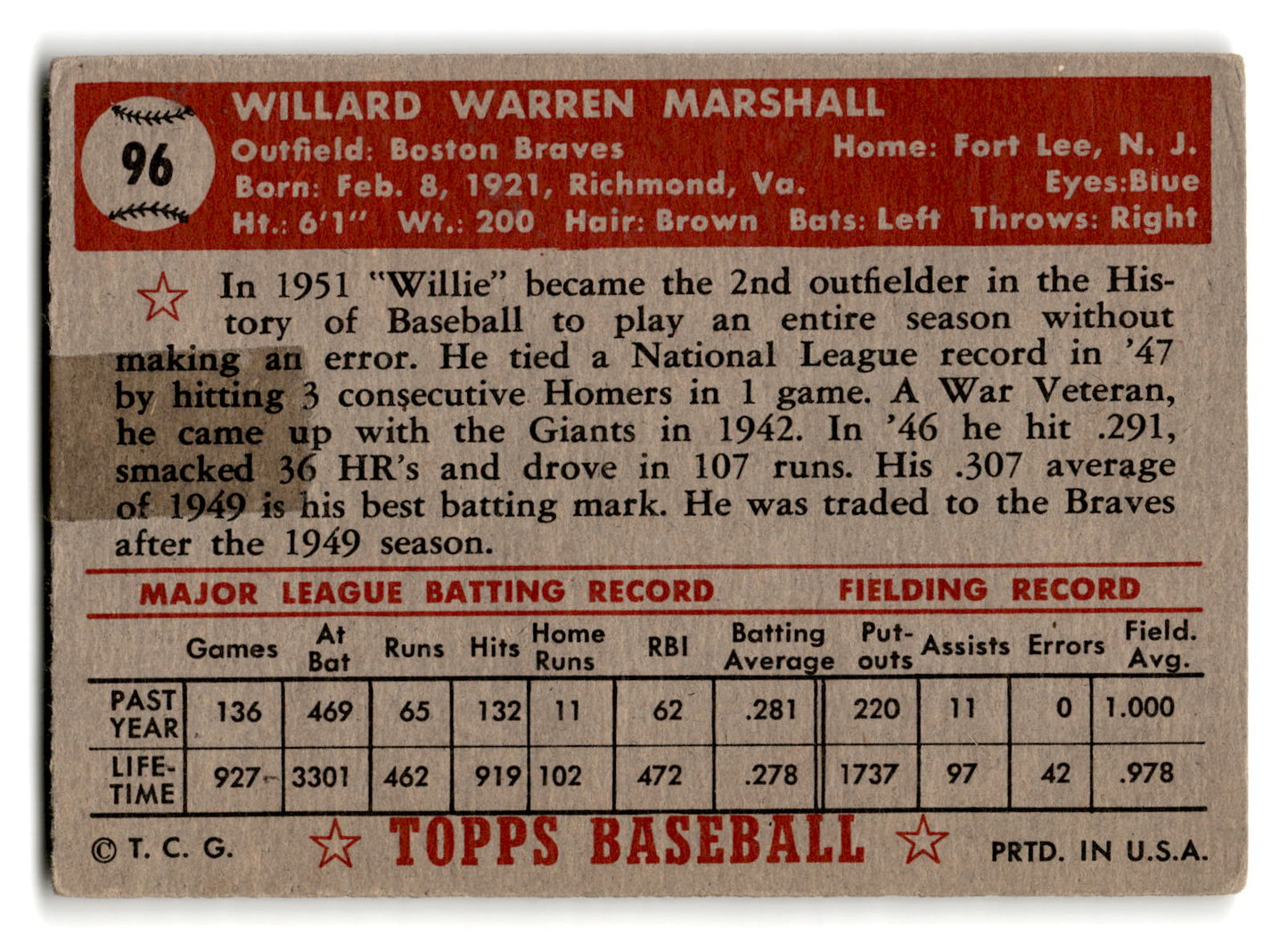 1952 Topps #96 Willard Marshall - Boston Braves vg - tape