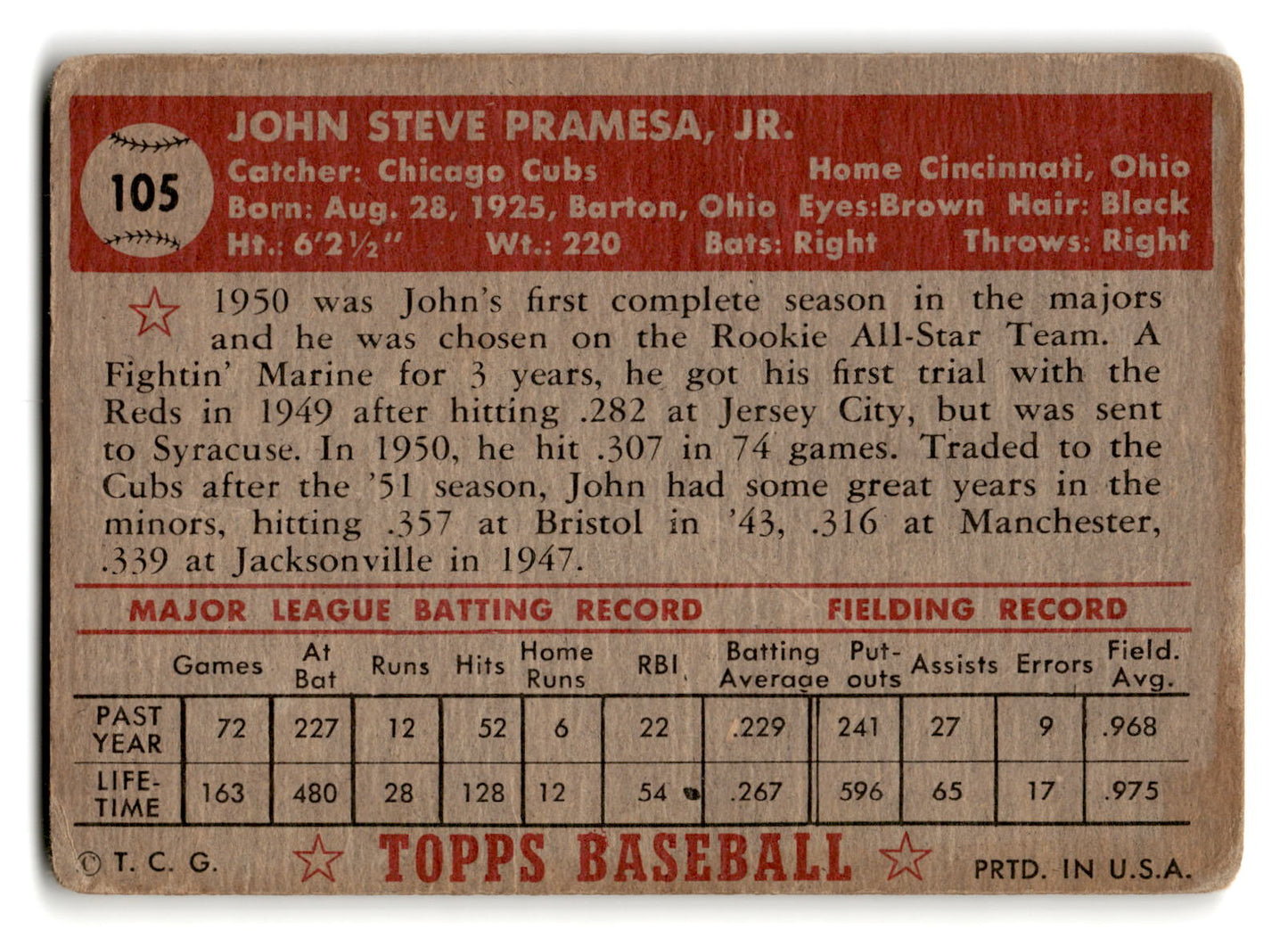 1952 Topps #105 John Pramesa - Chicago Cubs g
