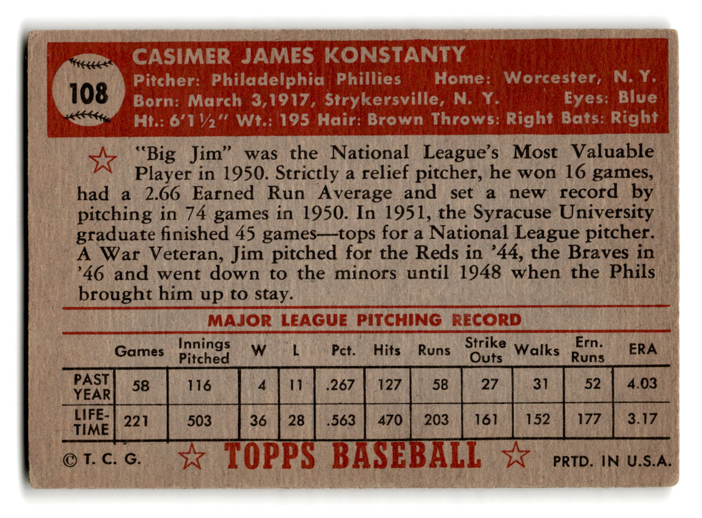1952 Topps #108 Jim Konstanty - Philadelphia Phillies vg ex