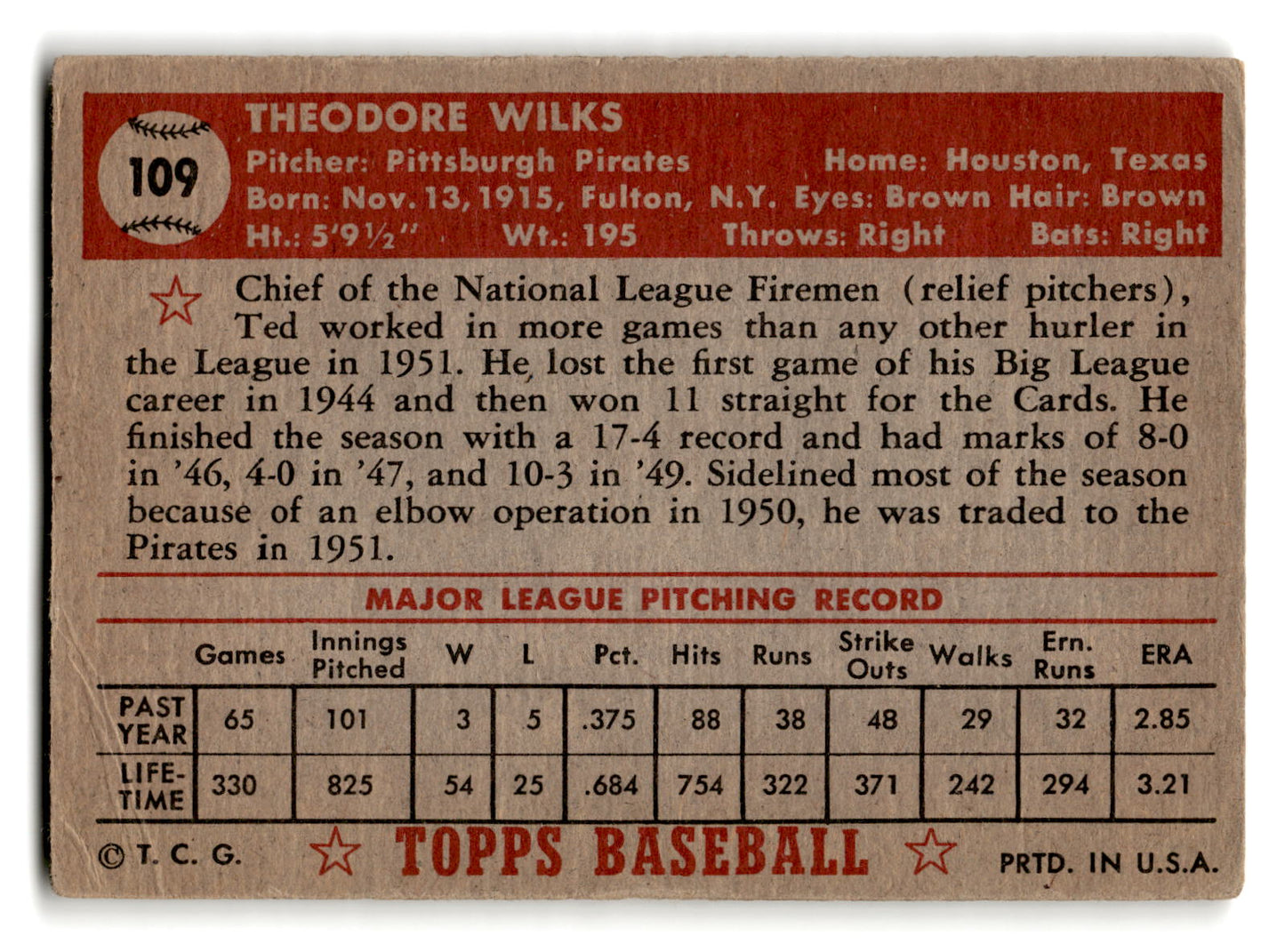 1952 Topps #109 Ted Wilks - Pittsburgh Pirates vg ex