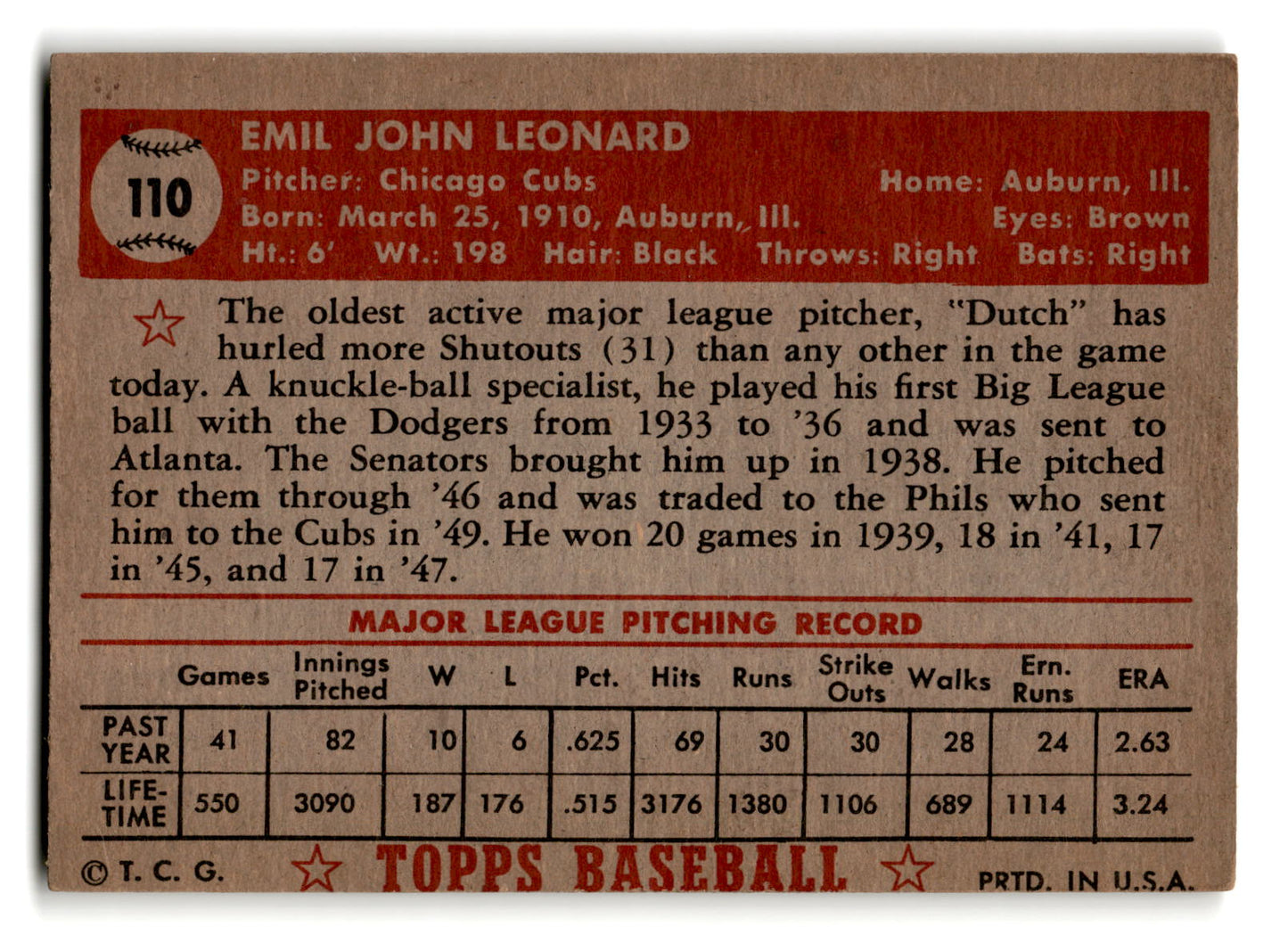 1952 Topps #110 Dutch Leonard - Chicago Cubs vg