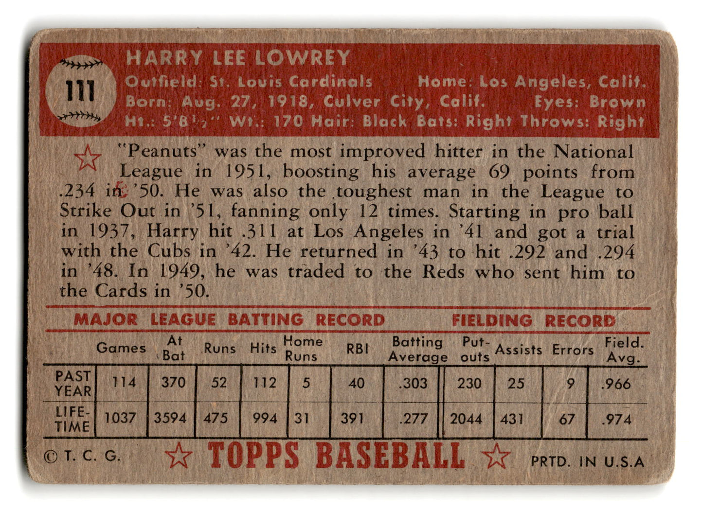 1952 Topps #111 Harry Lowrey - St. Louis Cardinals vg