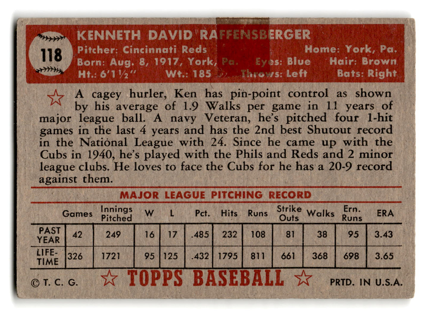 1952 Topps #118 Ken Raffensberger - Cincinnati Reds vg - tape