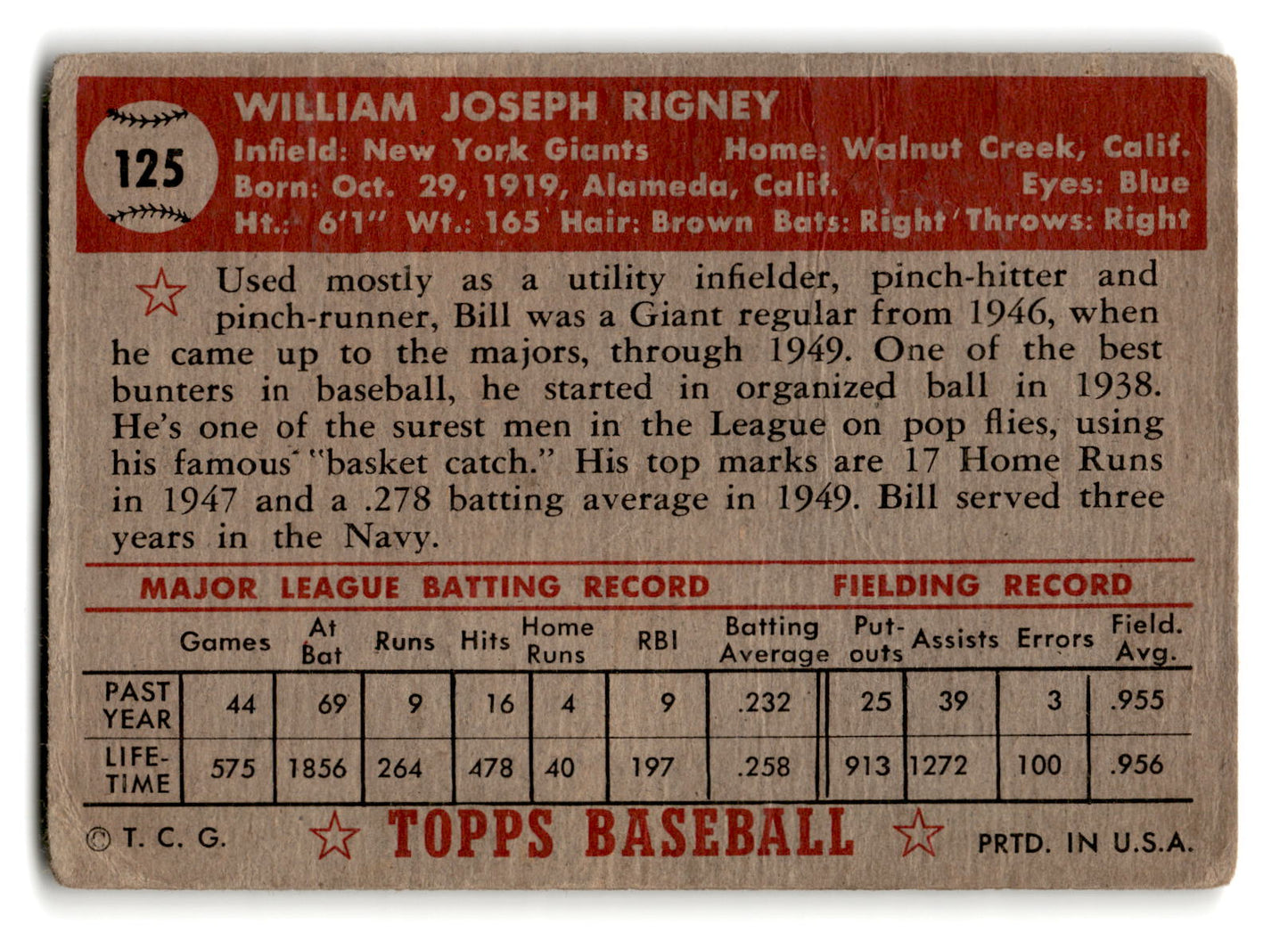 1952 Topps #125 Bill Rigney - New York Giants g
