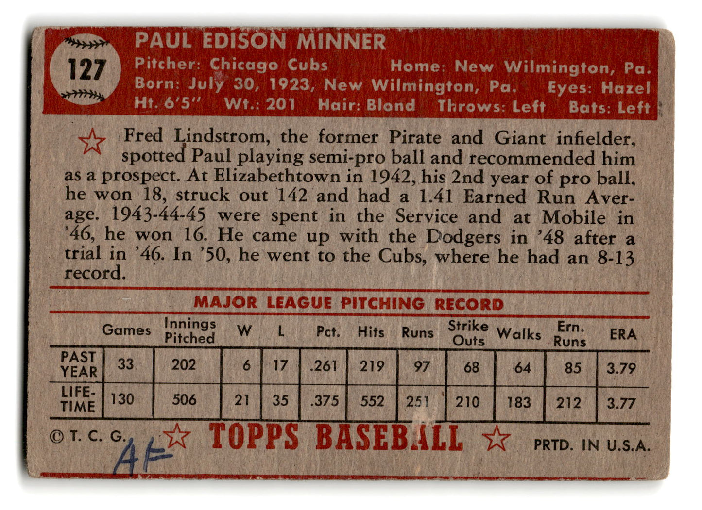 1952 Topps #127 Paul Minner - Chicago Cubs RC mk g